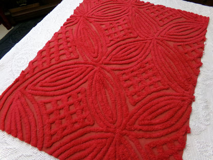 Vintage Chenille Bedspread Fabric Cherry Red Craft & Sewing Material 18" x 25"