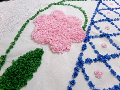 Vintage Chenille Bedspread Fabric White Pink Floral Blue Lattice Trellis Cottage 24x23"