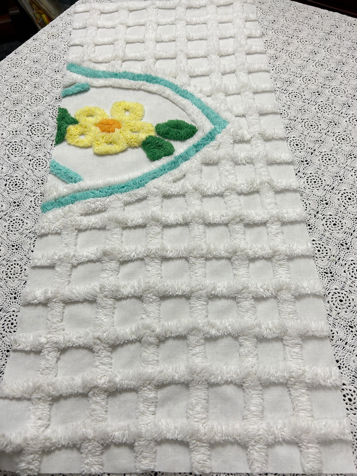White Lattice Vintage Chenille Fabric 12x28" Plush Flower Piece