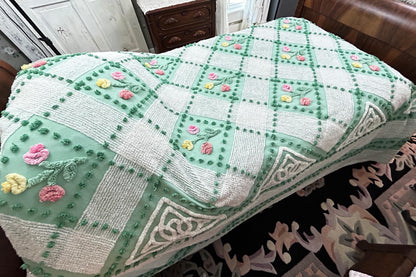 Mint Green Floral Vintage Chenille Bedspread, Cottage Garden Trellis Flowers, Full