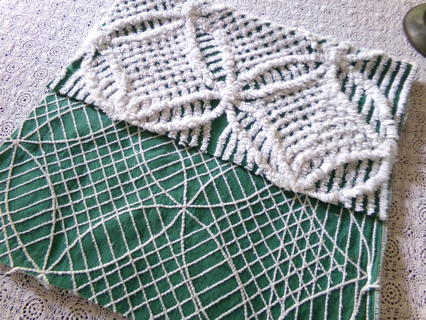 green & white vintage chenille bedspread fabric, 18" x 26" geometric design