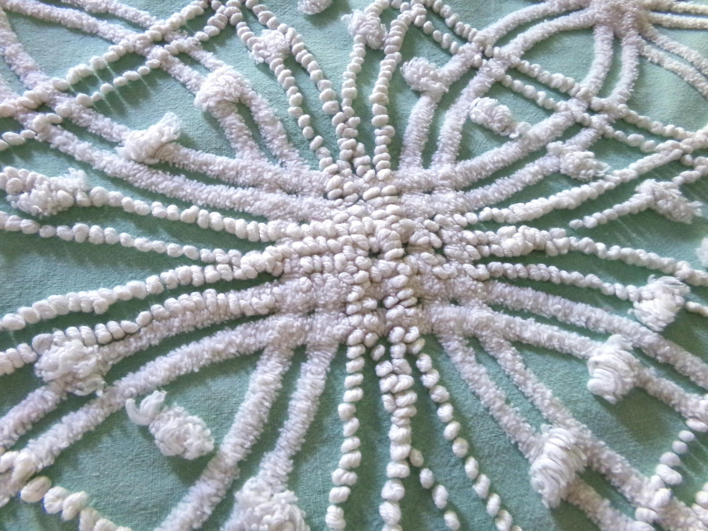 starry spiderweb jade green vintage chenille fabric, unique webbed design, 20" x 26" inch piece for quilting material & sewing