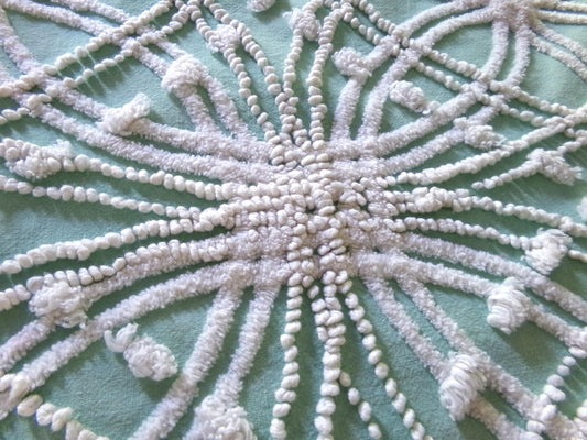 starry spiderweb jade green vintage chenille fabric, unique webbed design, 20" x 26" inch piece for quilting material & sewing