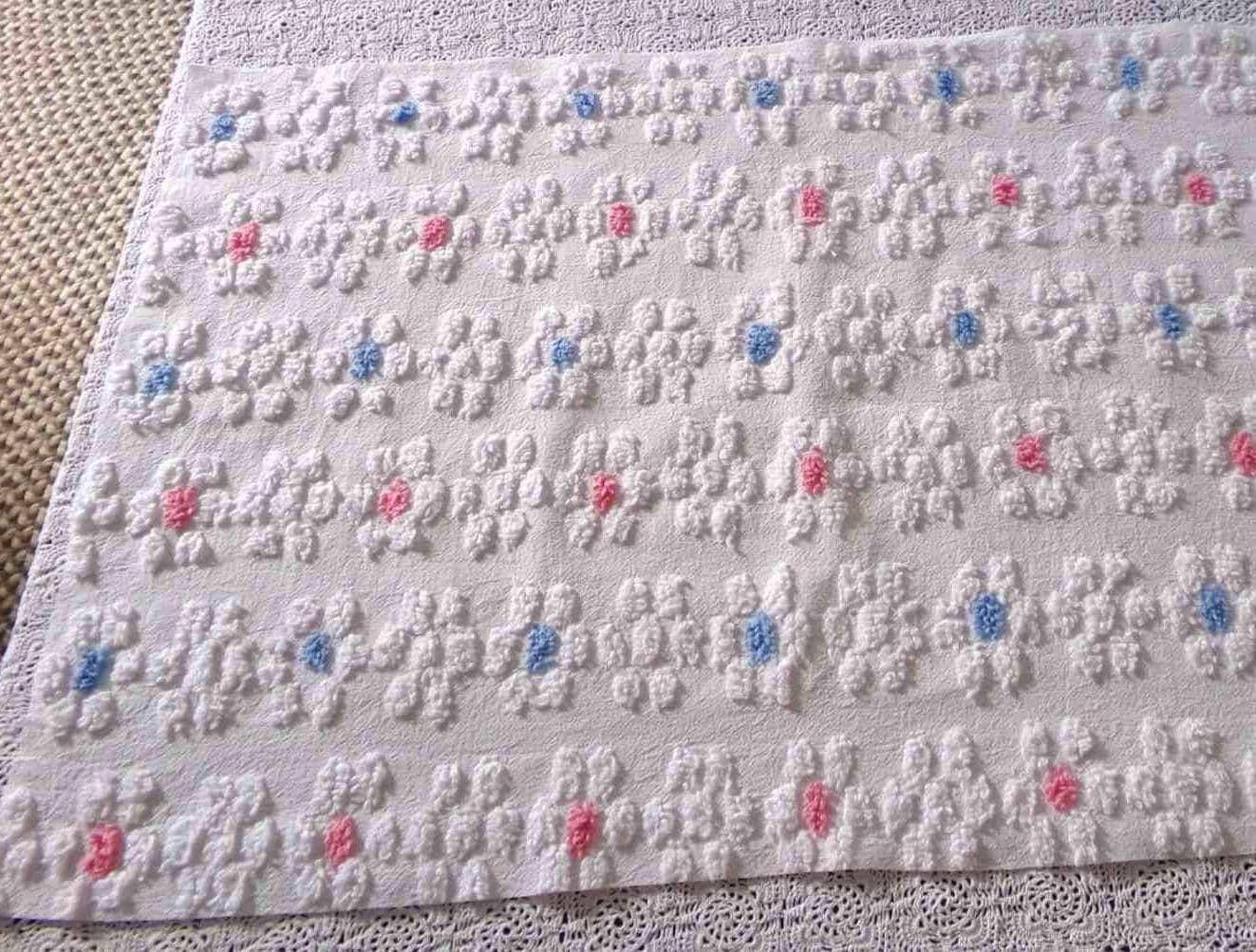 Vintage Style Chenille Fabric, Y2K Daisy, White, Pink & Blue, 22x26" Piece