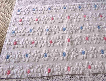 Vintage Style Chenille Fabric, Y2K Daisy, White, Pink & Blue, 22x26" Piece