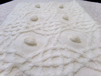 Vintage Chenille Bedspread Fabric, Plush Blue Flowers White Curlicues, 18x24" Piece