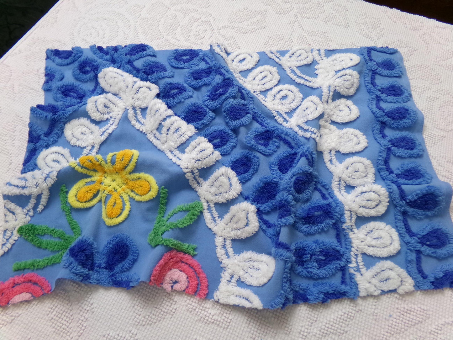 vintage shabby chenille bedspread fabric, abstract floral blue & white swirls, 14" x 22" piece
