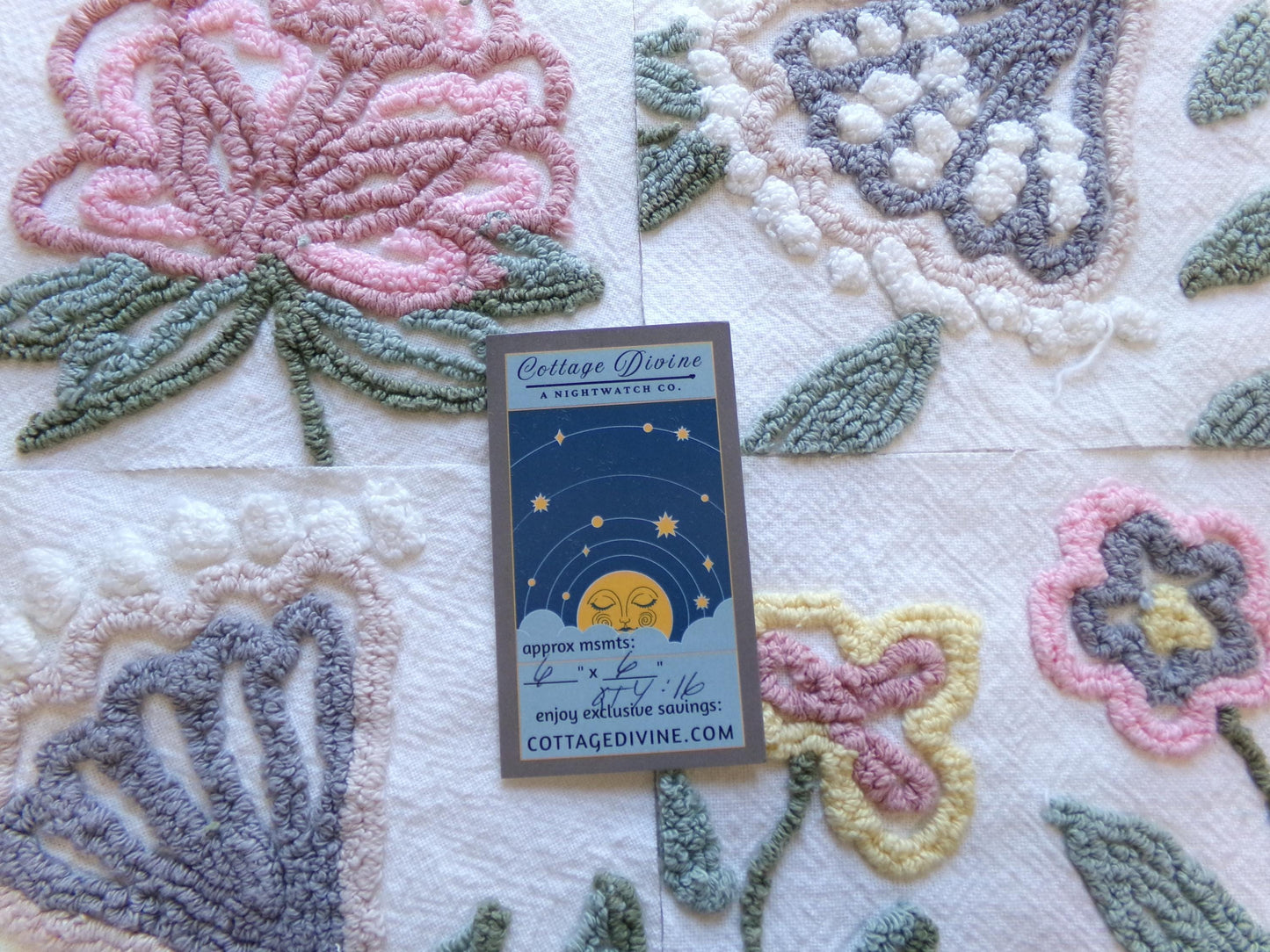 fantasy botanicals vintage chenille fabric squares, set of 16 natural floral 6" quilt blocks for crafts, sewing, diy pillow covers