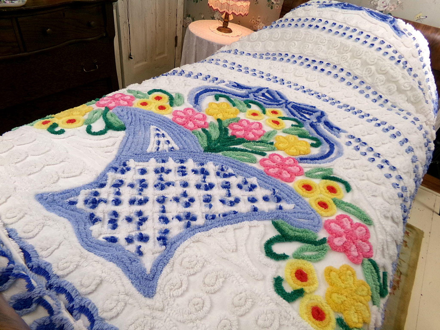 bring me joy vintage chenille bedspread, colorful sprawling blue flower basket on white, retro cottage style full size cotton bedding