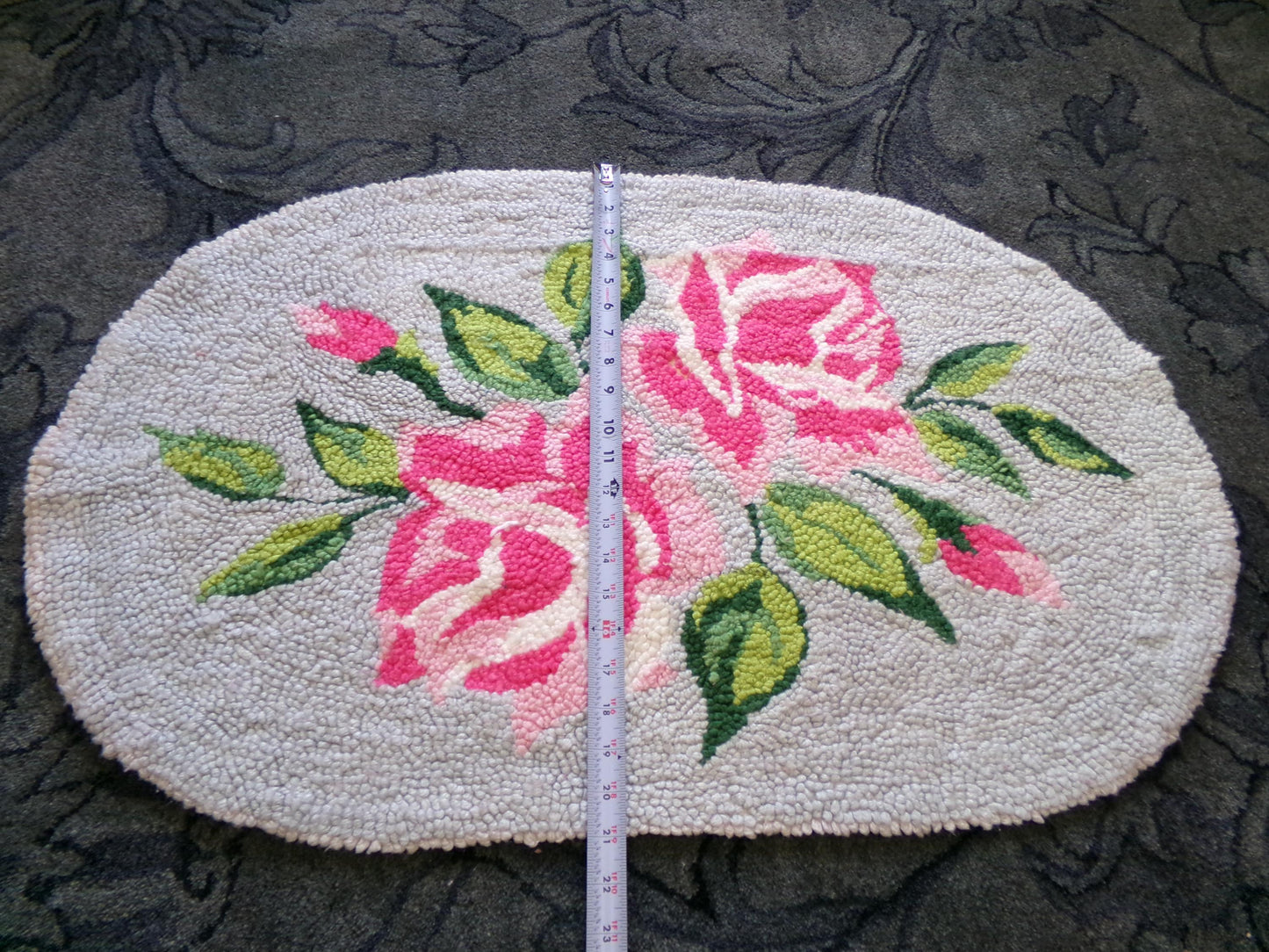 Cottage Shabby Vintage Oval Chenille Rug, Pink Roses on Grey, 20" x 33" Inches, Handmade Small Accent Mat, Cotton