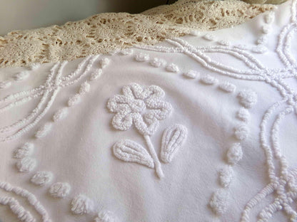 White Vintage Chenille Fabric, 24" x 26" Piece, Versatile Cottage Style Daisy Tulip Design, 100% Lightweight Cotton Quilt Material