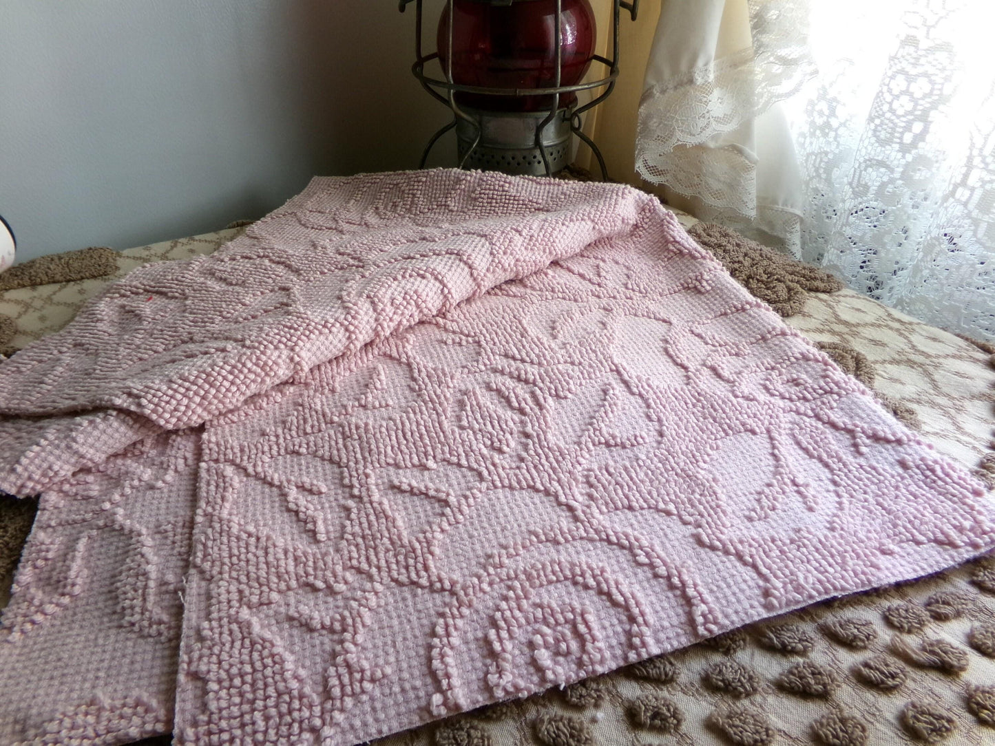 Rose Mist Vintage Woven Chenille Fabric, 24" x 20" Inch Reversible Piece, 100% Cotton, Hobnail Imperial Roses Pattern, Ideal in Quilts