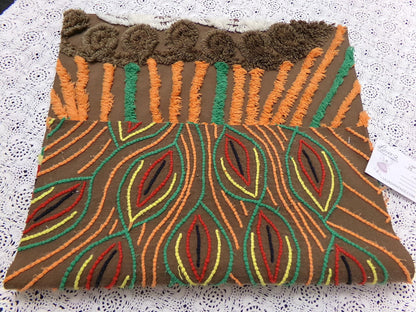 flame feathers vintage chenille bedspread fabric boho peacock plumes brown orange 14x20"