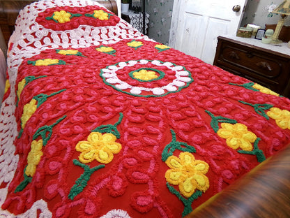 flower power vintage red hot chenille bedspread w/ hearts & daisies, full size plush cotton bedding