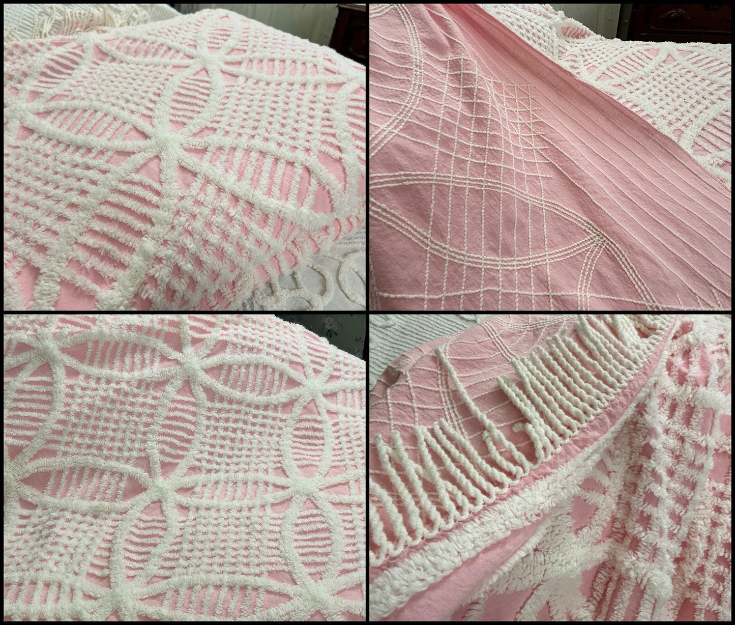 Vintage Chenille Bedspread Pink White Wedding Ring Pattern Cottage Farmhouse