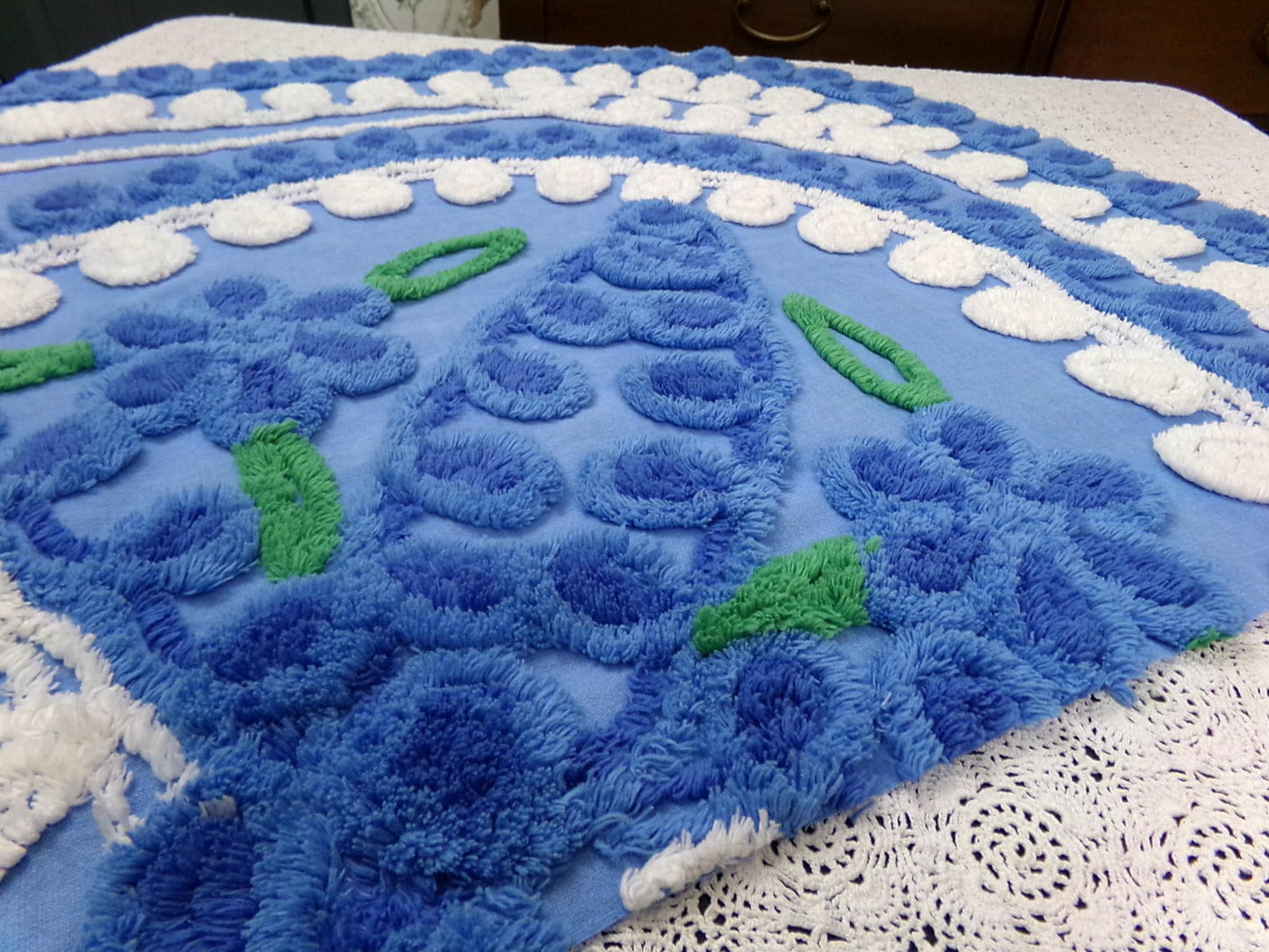 Vintage Midnight Blue Chenille Bedspread Fabric Abstract Celestial Florals 24x25"