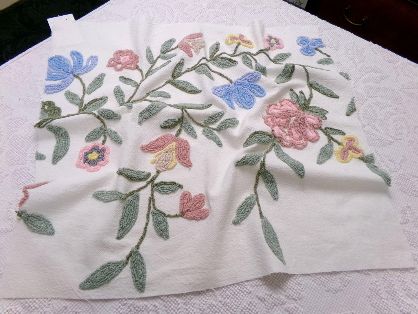Boho Wildflowers Vintage Chenille Fabric, Natural Vining Rose Florals, 20" x 22" piece