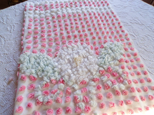 Cupcake Pink Pops Vintage Chenille Fabric, 21" x 28" inch antique handtufted floral cut piece, Beautiful in DIY Pillows