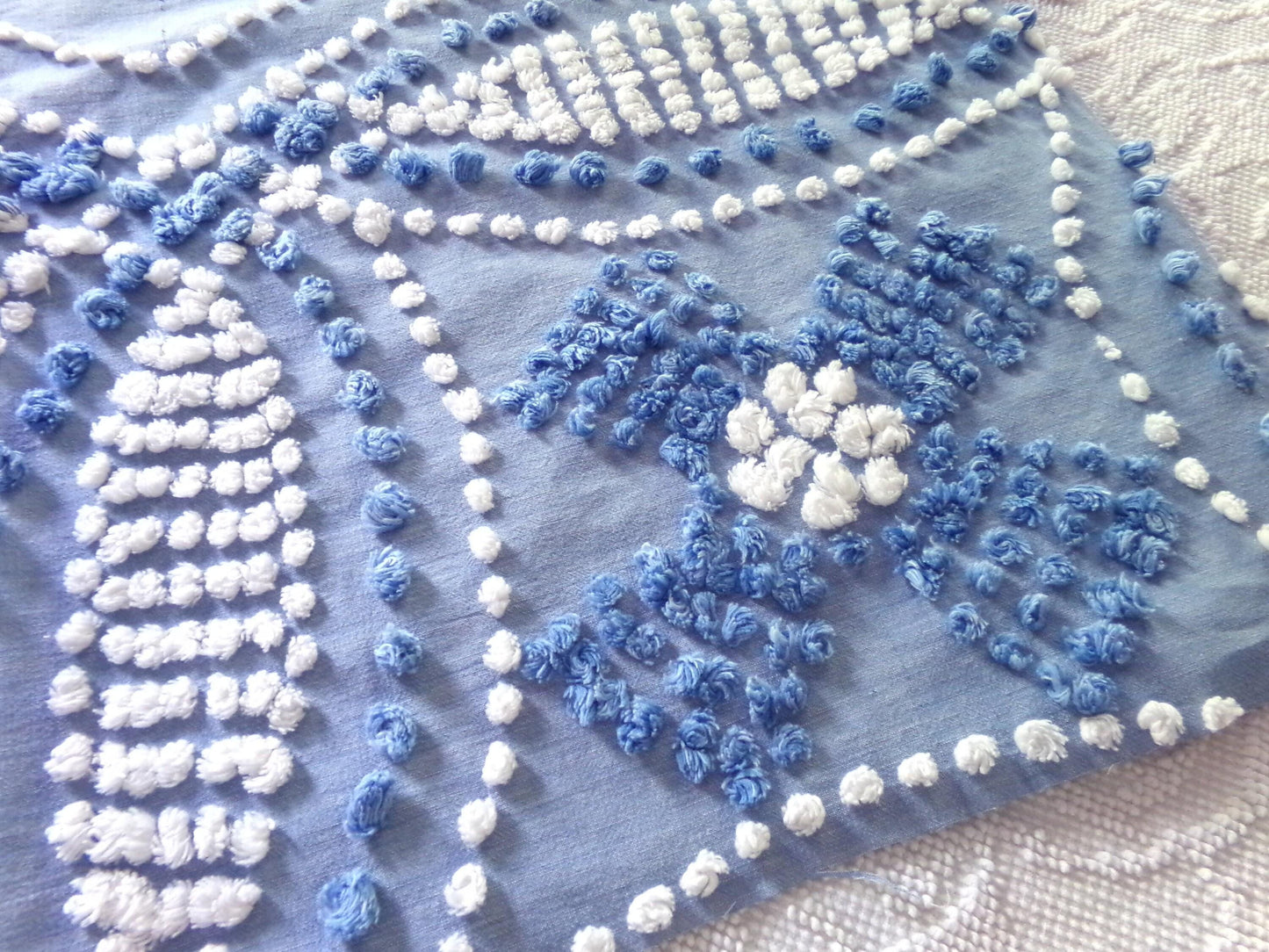 Shabby Beach Chic Vintage Chenille Fabric, Handmade Candlewick Blue & White Bow Design, 18" x 36" cut piece of cotton sewing material