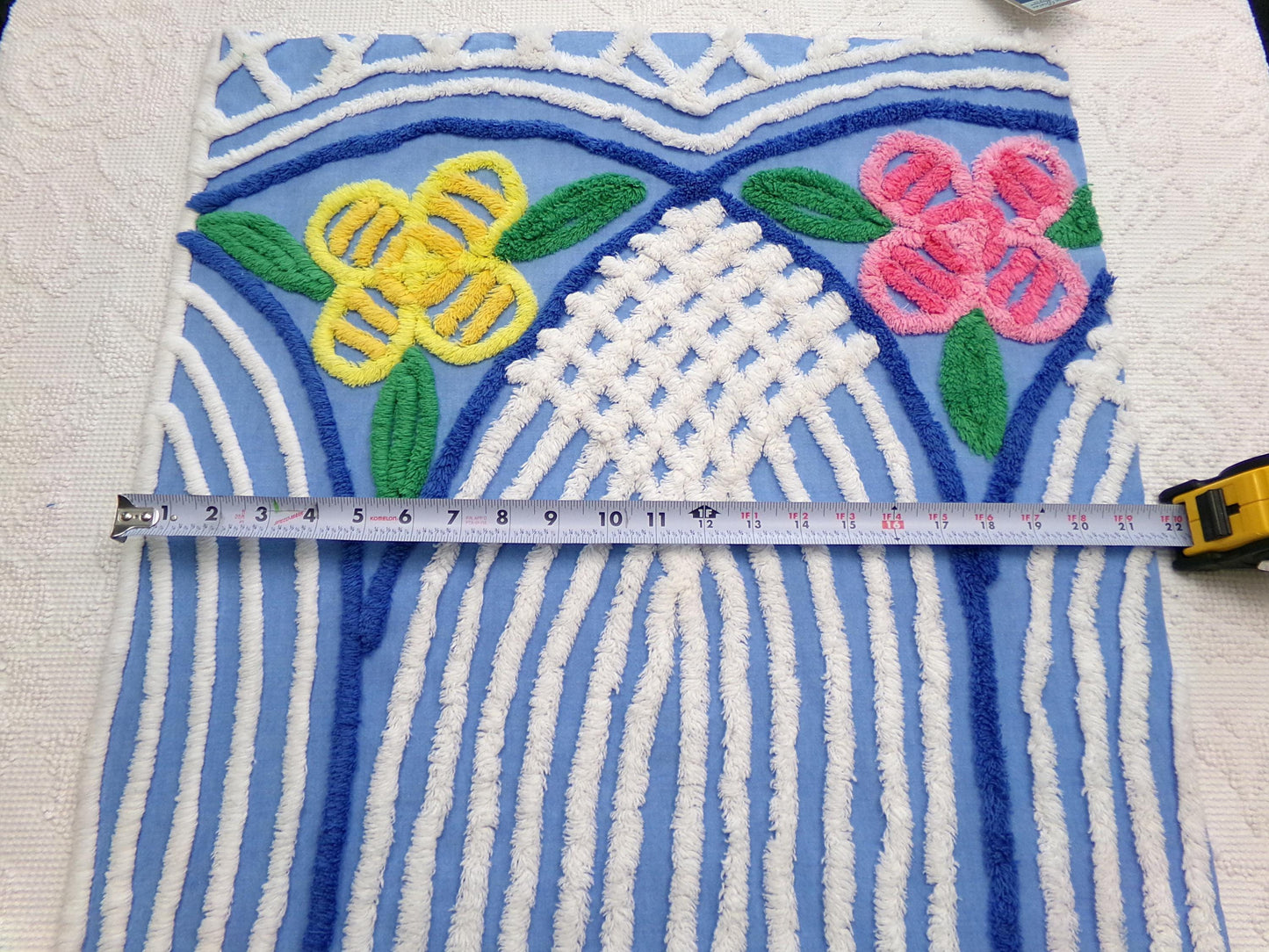 Vintage Chenille Fabric, Waterfall Blue & White Tropical Florals, 20" x 27" Cut Piece