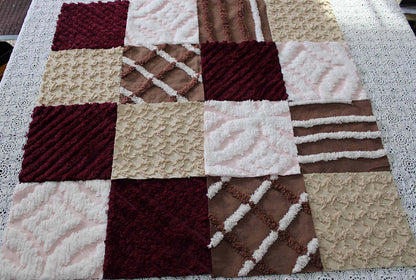 chocolate berry vintage chenille fabric squares, 16 quilt blocks, 6" inches ea, great shades of brown, merlot, mocha, white