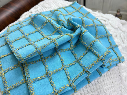 Sporty Squares Vintage Chenille Bedspread Fabric, Aqua Gold Windowpane Grid 19x23"