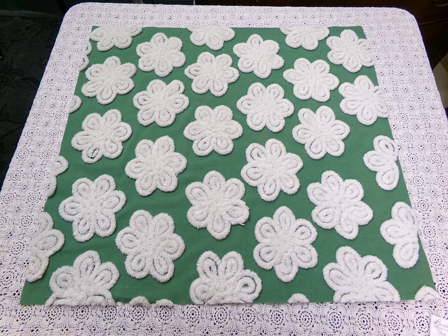 Green White Daisy Vtg Chenille Bedspread Fabric 23x24 Pc Antique Sewing Material