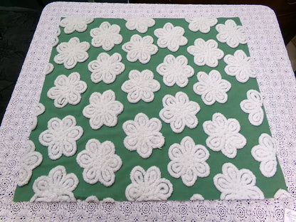 Green White Daisy Vtg Chenille Bedspread Fabric 23x24 Pc Antique Sewing Material