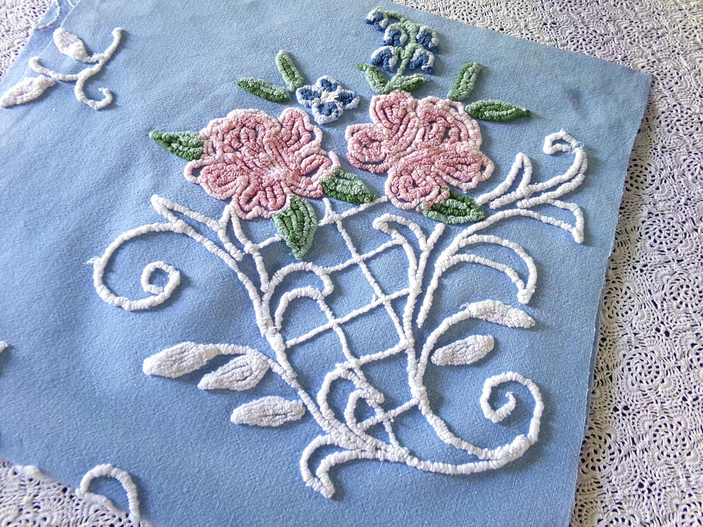 divine pink rose vintage chenille fabric, 17.5" x 32" inch piece, White Trellis & Scrollwork on Sky Blue Cotton, for Quilts, Pillows