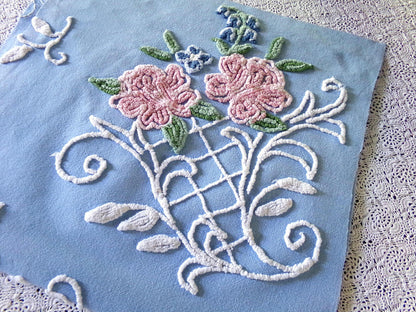 divine pink rose vintage chenille fabric, 17.5" x 32" inch piece, White Trellis & Scrollwork on Sky Blue Cotton, for Quilts, Pillows
