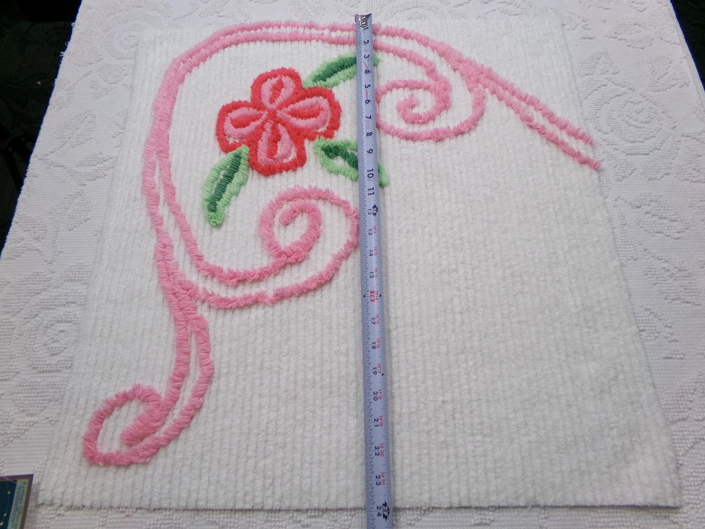 Vintage Chenille Fabric, Pink Flower Abstract Heart Piece Sewing & Quilt Material 22" x 23"