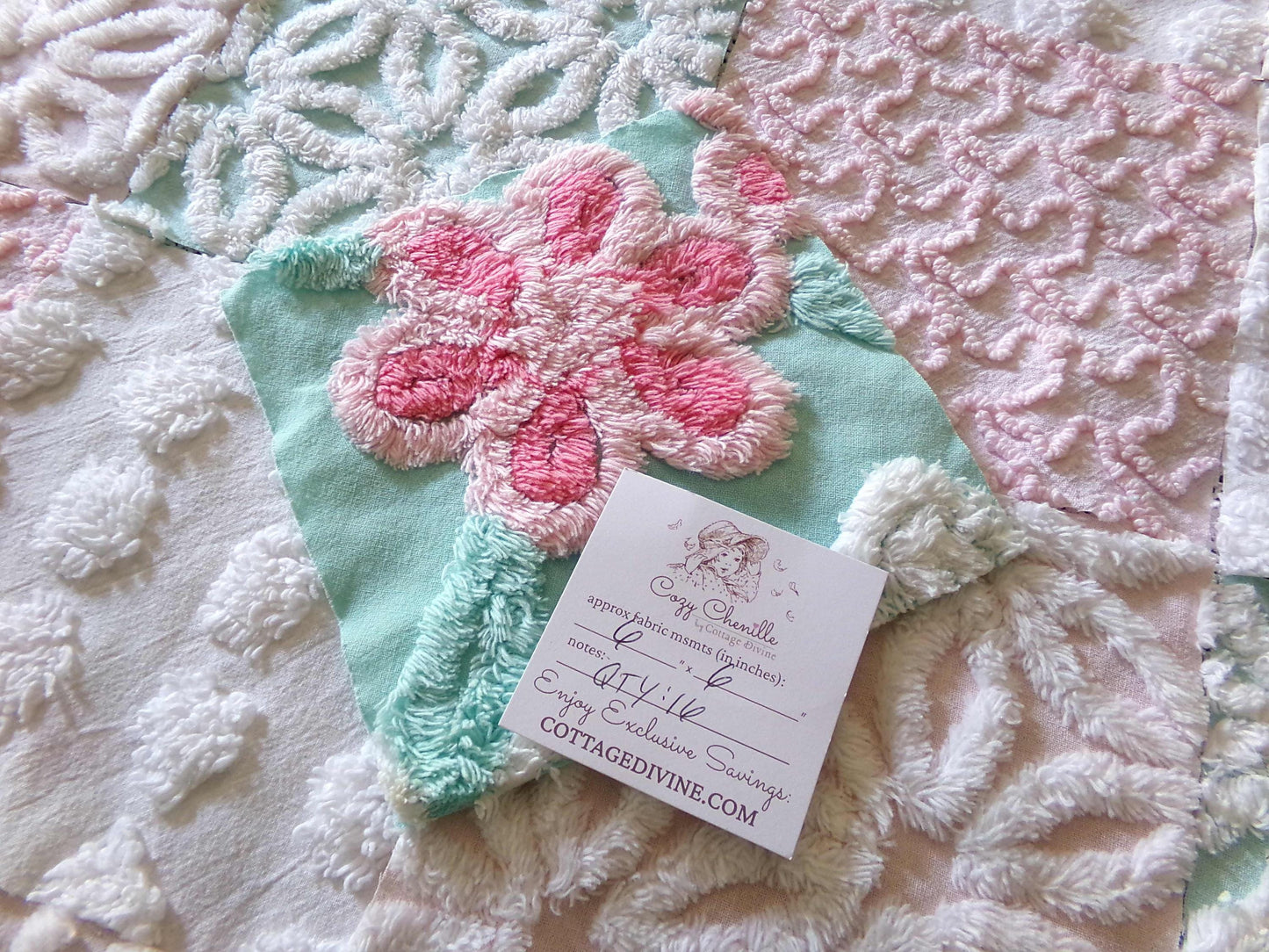 cottage chic 6" chenille squares, set of 17 aqua, pink & white quilt blocks cut from vintage chenille bedspread fabrics, daisies 'n dots