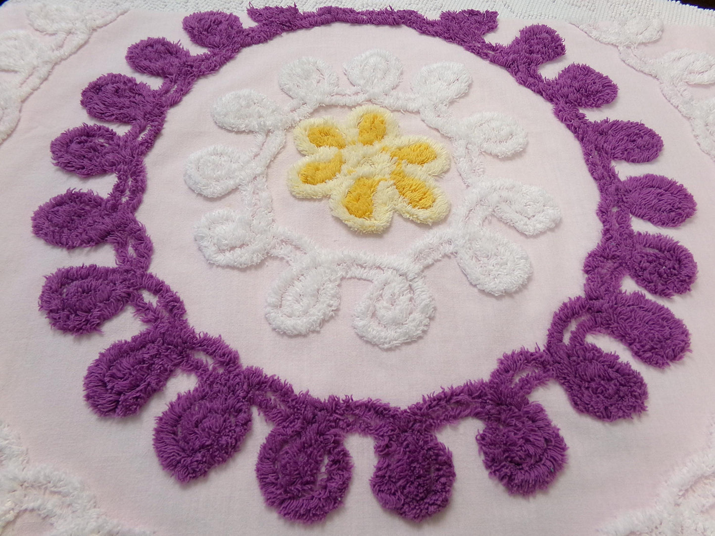 solitary daisy vintage chenille bedspread fabric, shabby light pink quilt material, 18" x 24"