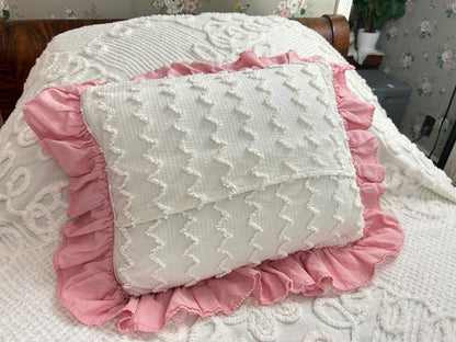 Cottage Ruffled Vintage Chenille Pillow Cover Reversible Floral Rectangle Shape