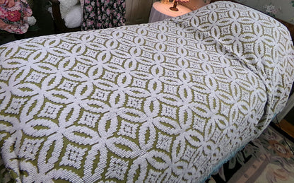 Boho Vintage Chenille Bedspread, Full Size Olive Green White Tufted Geometric Design