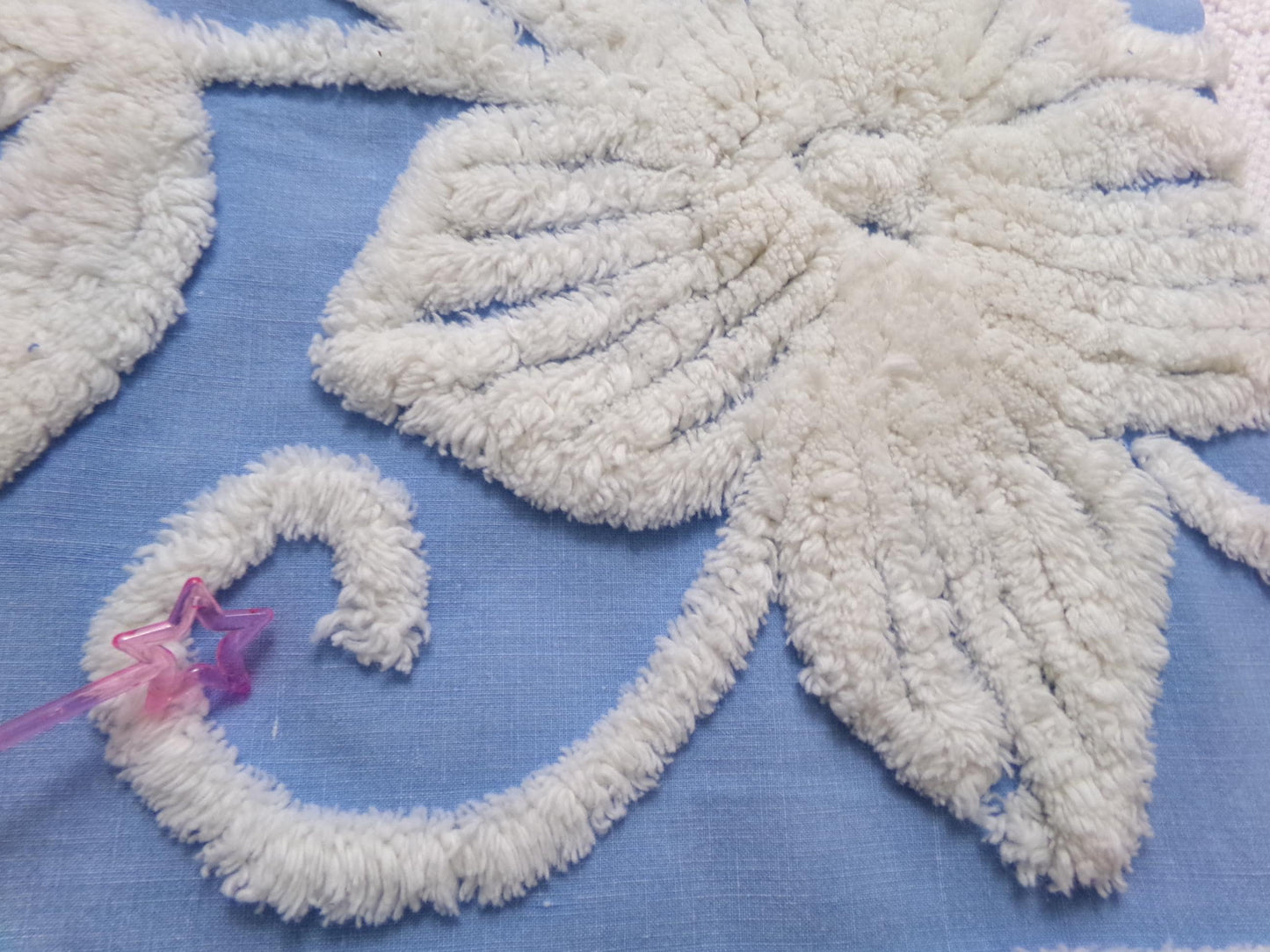 botanical blue vintage chenille fabric, super plush white florals, 21" x 23" piece sewing material