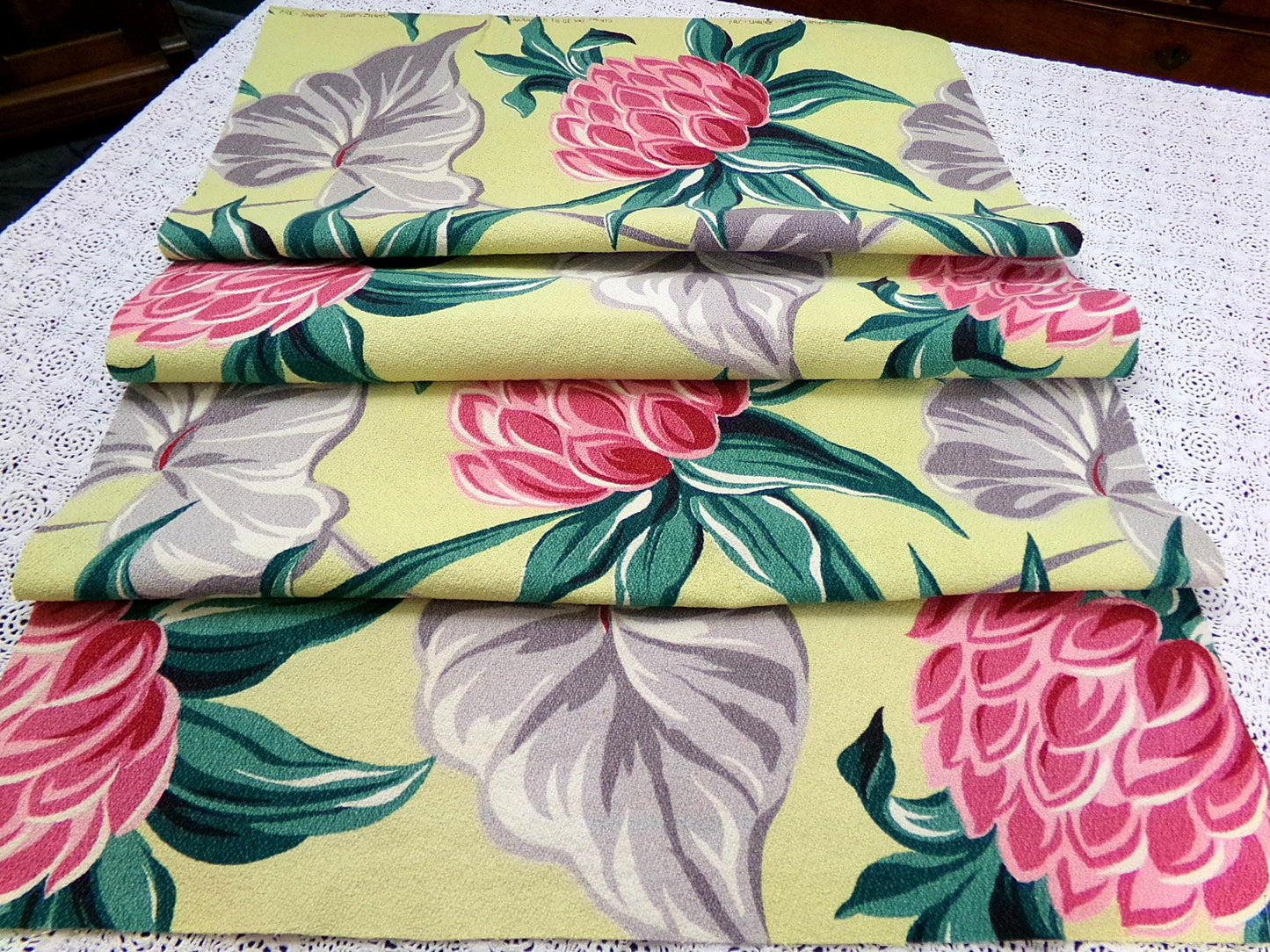 Vintage Barkcloth Fabric, Bold Pink Ginger Bloom Florals, Gray Tropical Elephant Ears 21" x40"