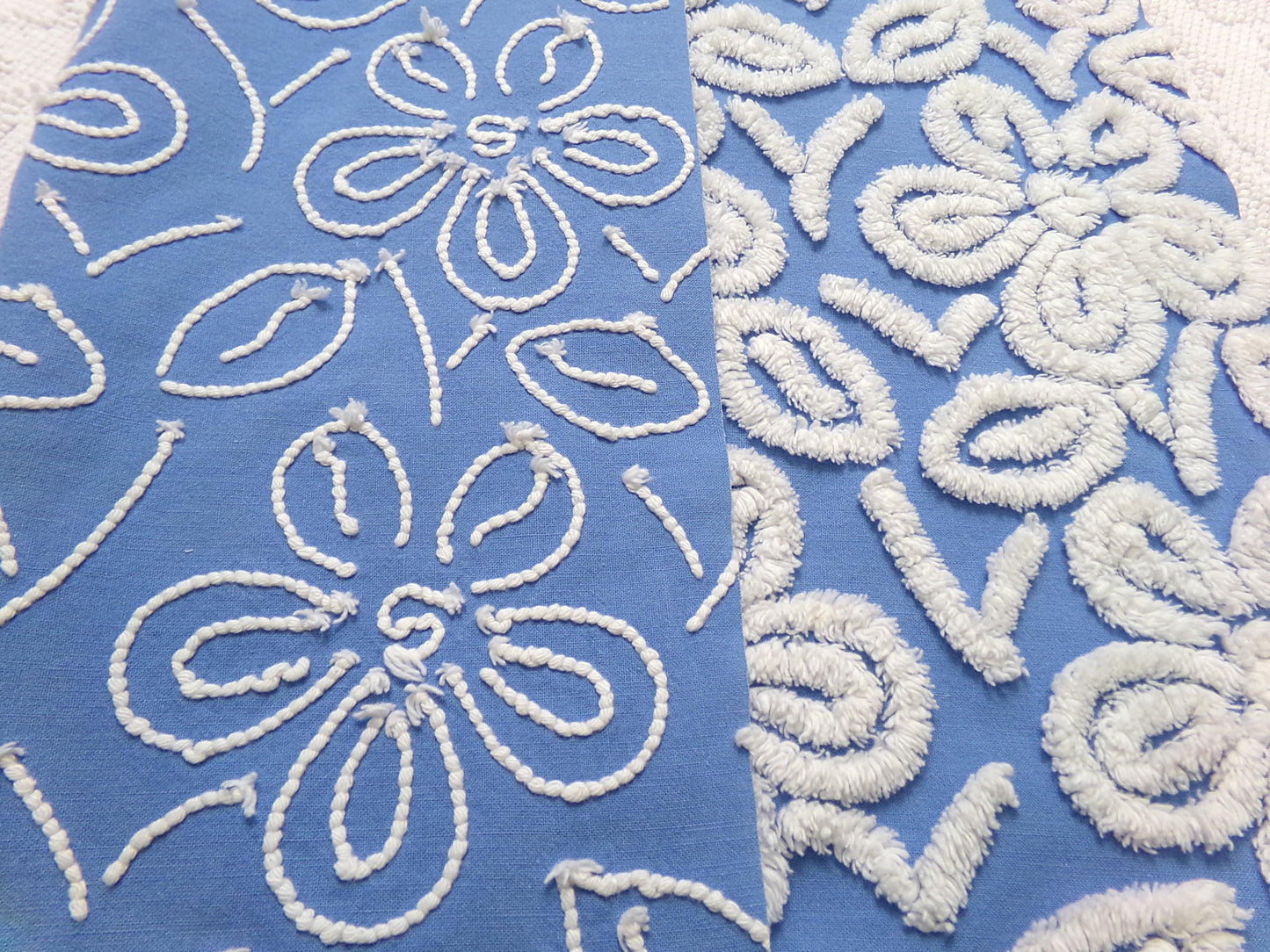 Daisy Dance Vintage Chenille Bedspread Fabric, Blue & White Floral Quilt Material 20" x 23" Piece
