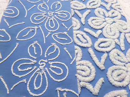 Daisy Dance Vintage Chenille Bedspread Fabric, Blue & White Floral Quilt Material 20" x 23" Piece