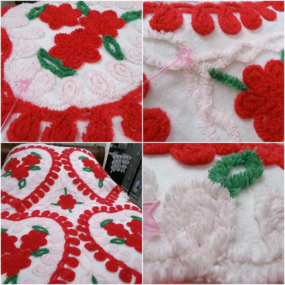 Vintage Chenille Bedspread - Red & White Hearts - Romantic Shabby Chic Cottage Decor - Full Size Bedding