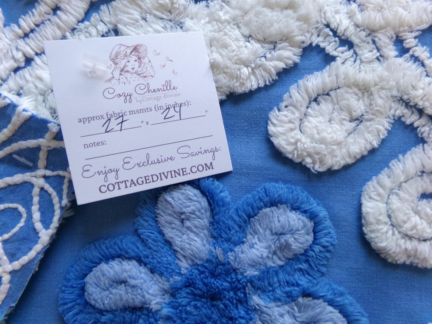 blueberry blossoms vintage chenille fabric, thickly tufted white curlicues & blue rose florals, 27" x 24" cut piece of sewing craft material