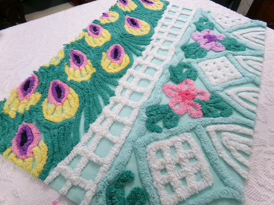 vintage seafoam chenille bedspread fabric, plush peacock feathers & tropical florals, 19" x 26" piece