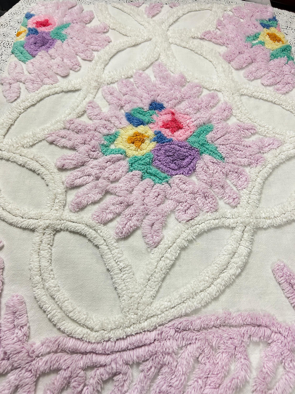 Vintage Chenille Fabric, Lavender Pink Floral Tufted 18x26" Craft Piece