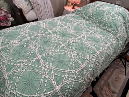 Vintage Chenille Bedspread Shabby Twin Jade Green White Spiderweb Starburst
