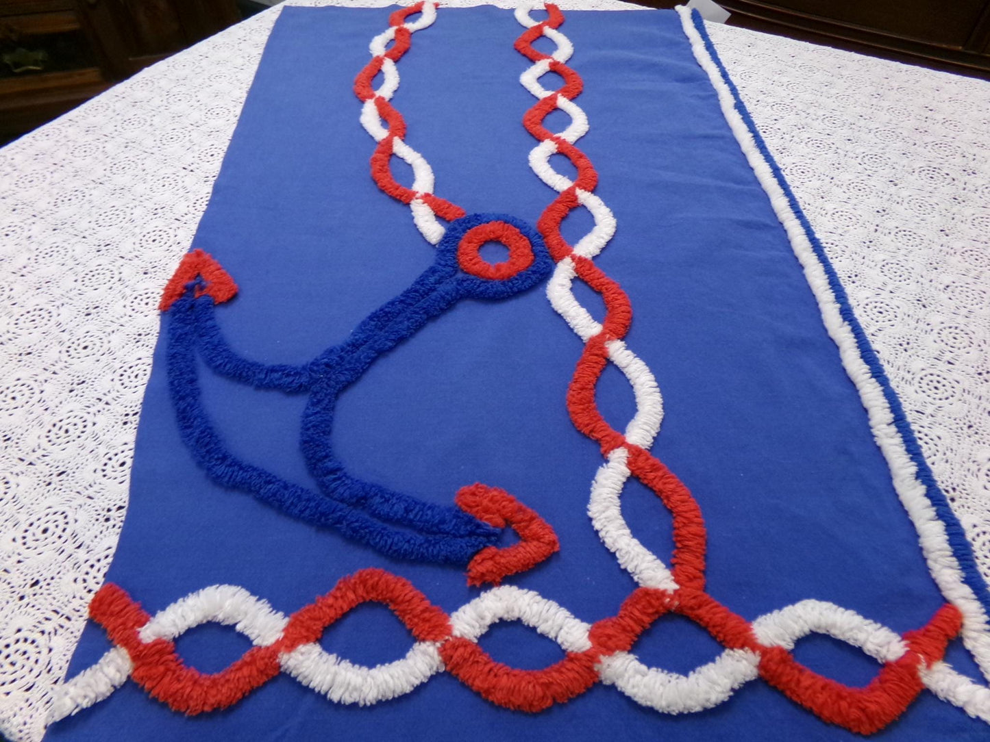 Coastal Anchor Vintage Chenille Fabric Piece 42 x 16" Red White Blue American Spirit