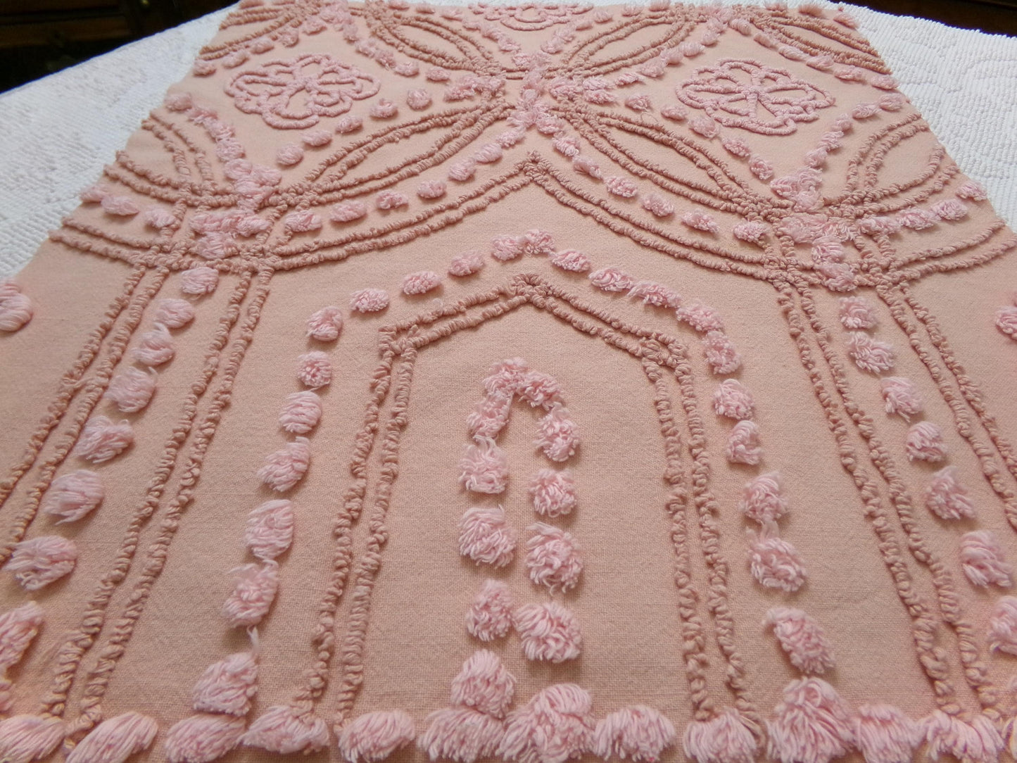 Boho Earthy Vintage Chenille Bedspread Fabric Piece, Cathedral Daisy Dot Design, 19" x 24"