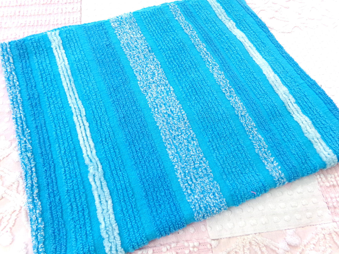 mermaid blue vintage chenille fabric, bright variegated multisize stripes, 20" x 24" piece of sewing material