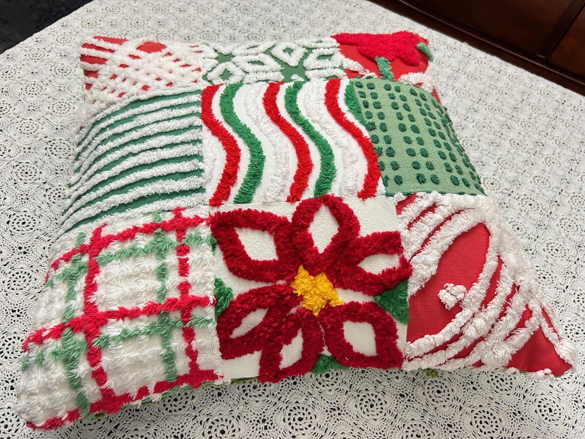Vintage Christmas Chenille Pillow Cover, 16" Square Reversible Holiday Patchwork Design