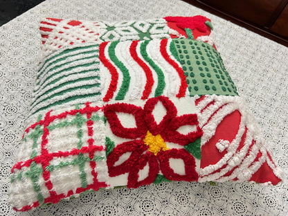 Vintage Christmas Chenille Pillow Cover, 16" Square Reversible Holiday Patchwork Design