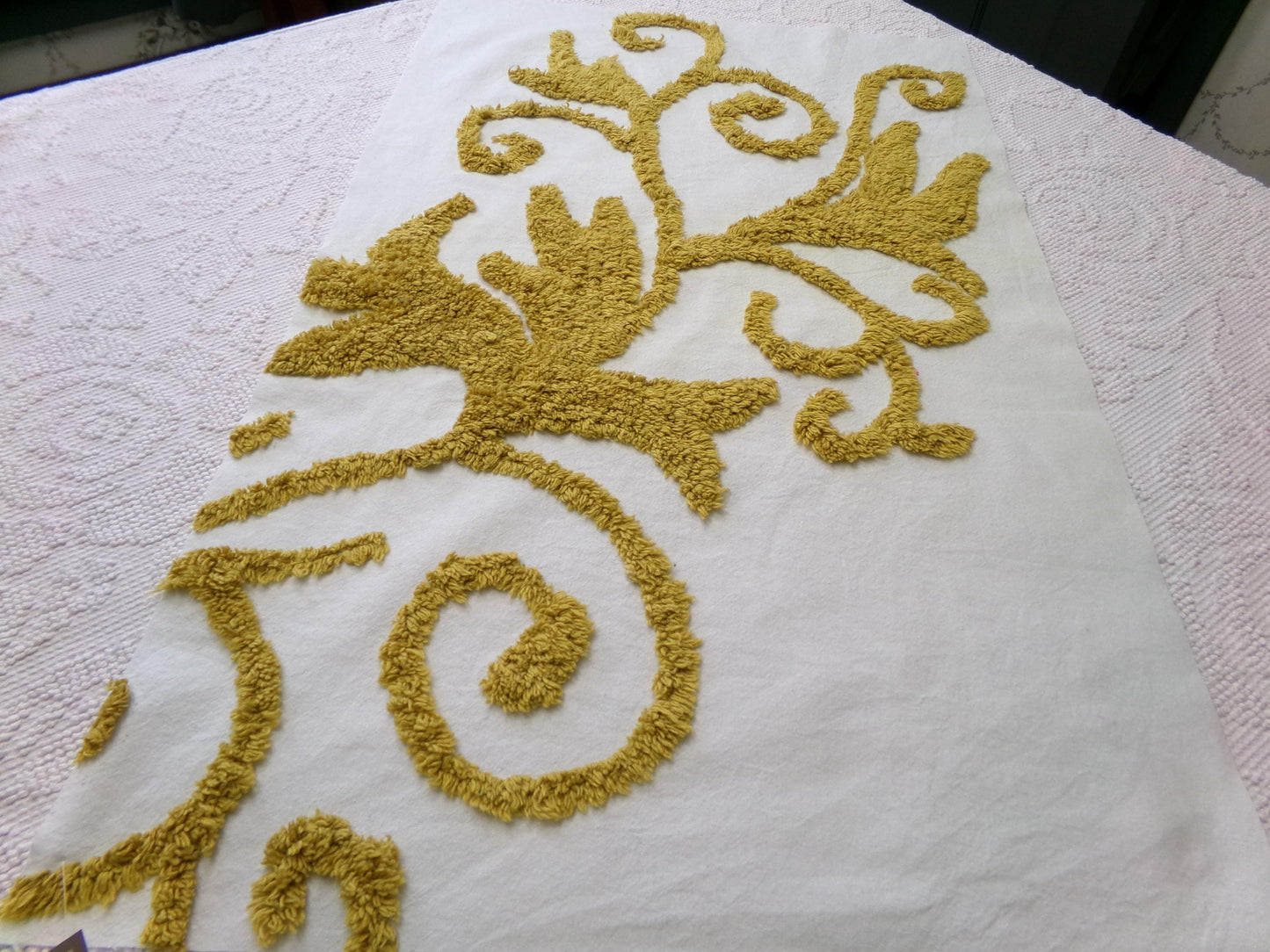 Vintage Gold & White Chenille Fabric: Sophisticated Scroll Design Modern Style Textile Craft Quilting Material, 17" x 27" Piece